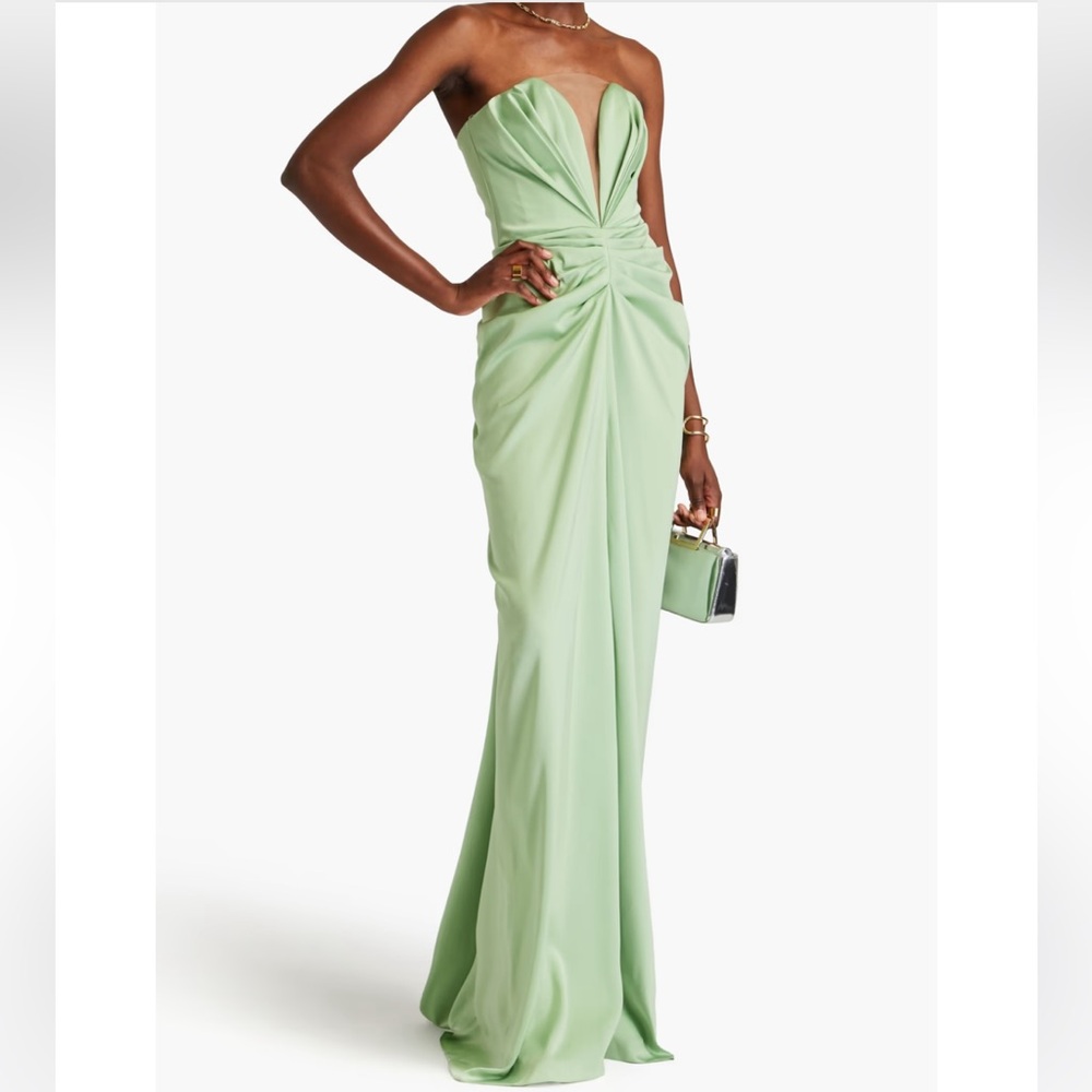 Rhea Costa Strapless light green strapless pleated draped satin gown
